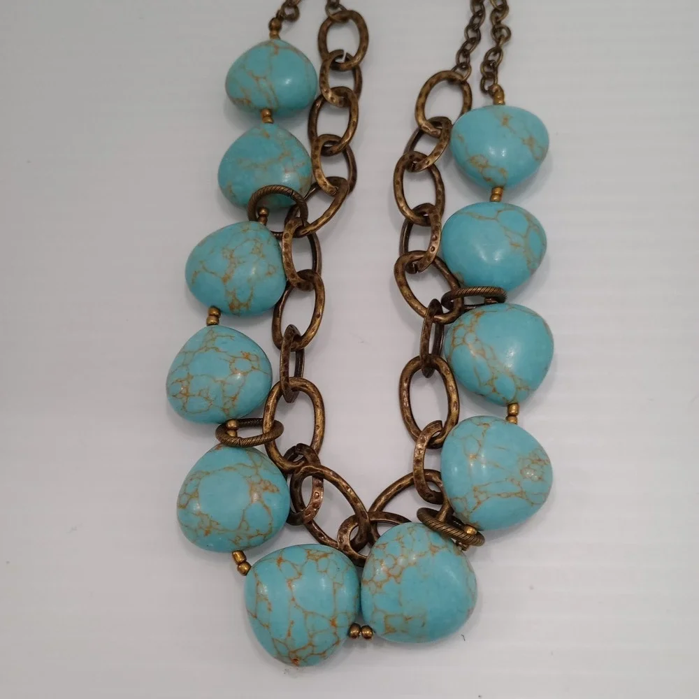 Premier Designs Turquoise Statement Necklace Gold Tone Signed